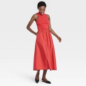 New A New Day Small Red Sleeveless Mock Neck A-Line Midi Dress with Pockets